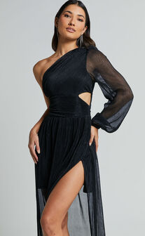 Arosa Maxi Dress - One Shoulder Long Sleeve in Black