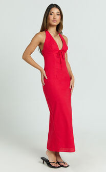Arlette Midi Dress - Strappy V Neck Under Bust Gathered Tie Front Bias Slip Skirt Dress in Red
