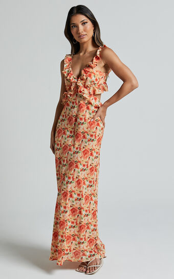 Alessa Midi Dress - V Neck Frill Detail Empire Waist Back Cut Out Dress in Peach Floral