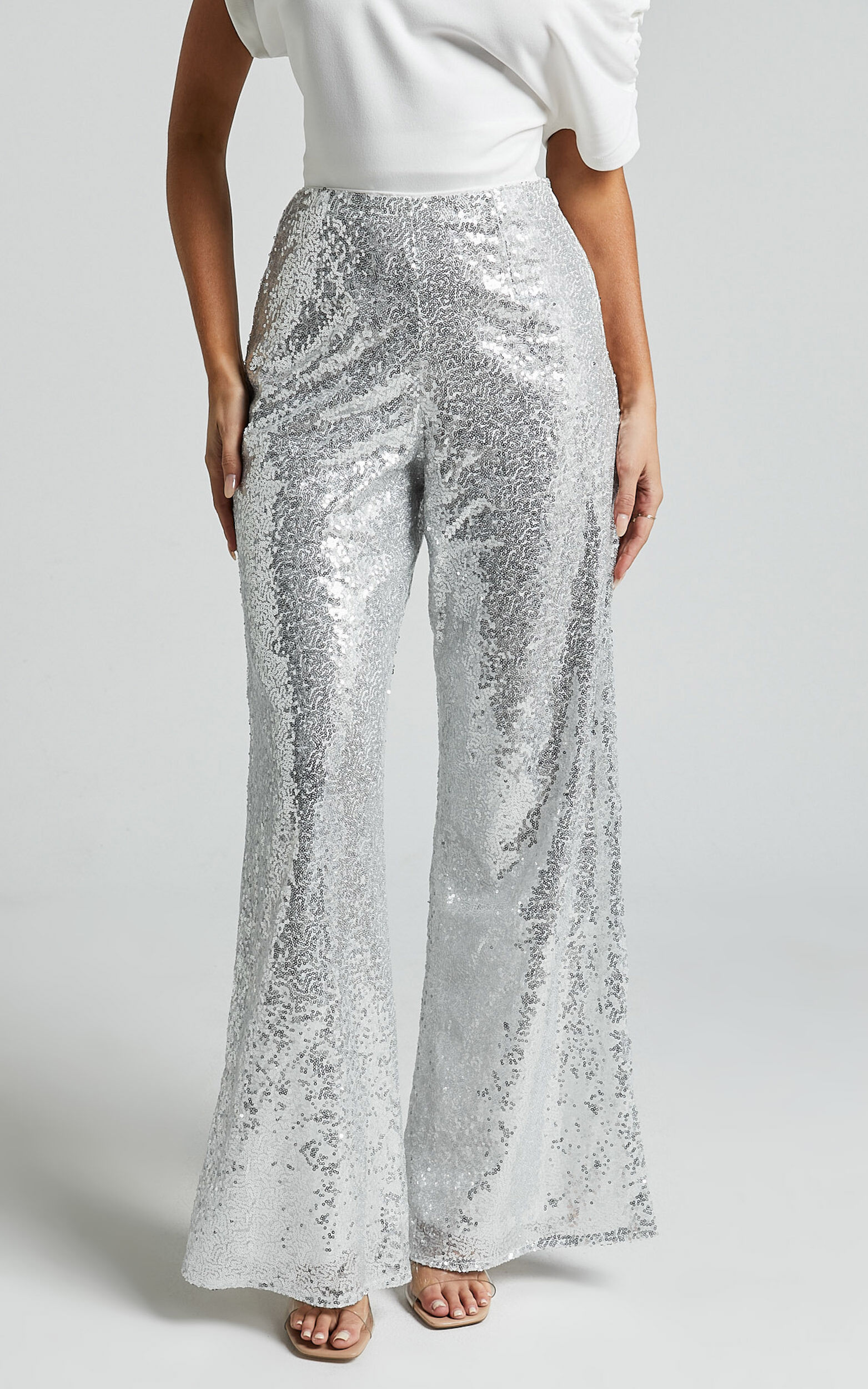 Silver sequin wide leg trousers on sale