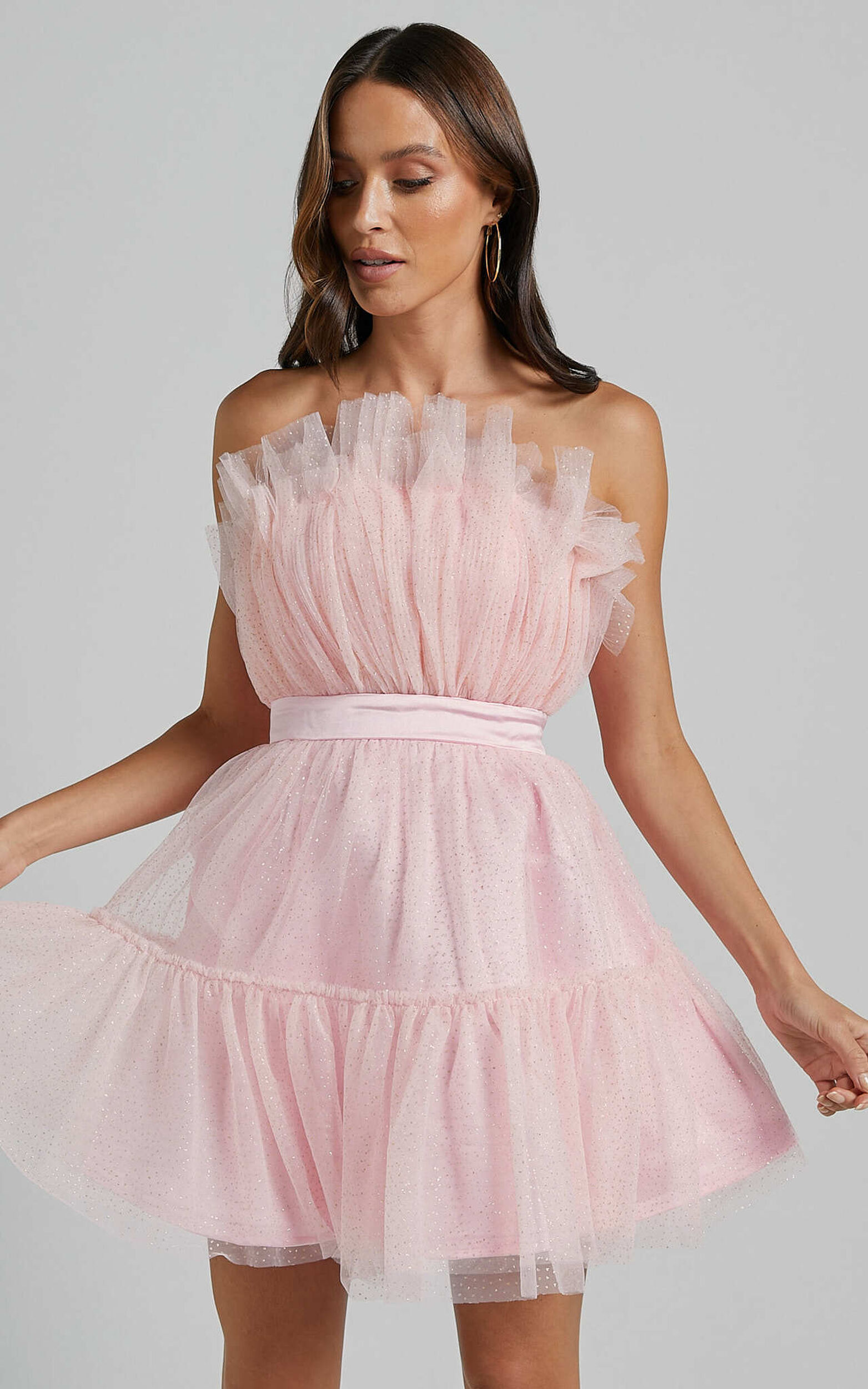 Amalya Mini Dress - Tiered Tulle Fit and Flare Dress in Baby Pink Glitter - 06, PNK1