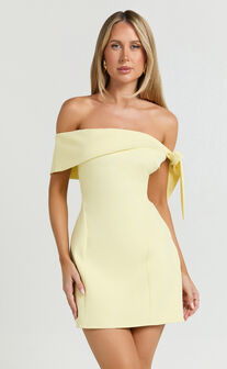 Cecilia Mini Dress - Off Shoulder Tie Detail Dress in Lemon