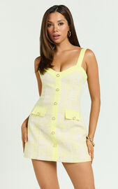 Jada Mini Dress - Sweetheart Neckline Button Up Dress in Lemon | Showpo USA