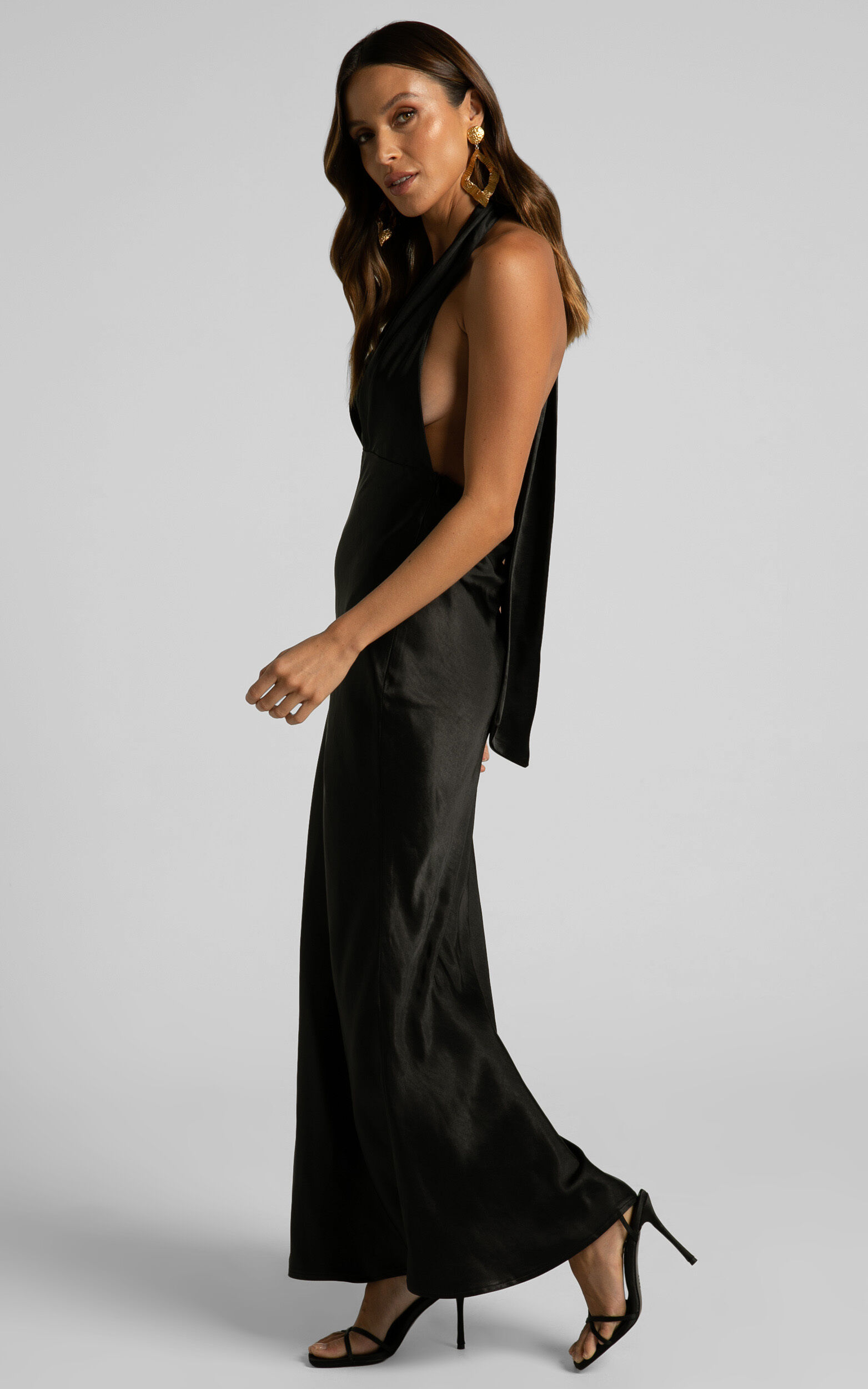 Black satin halter online dress