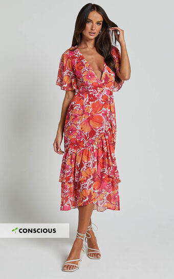 Ramela Midi Dress - V Neck Short Flutter Sleeve Frill Detail Wrap Dress in Paradise Floral