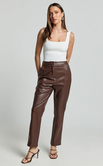 Azelia Pants - Mid Rise Cropped Faux Leather Pants in Dark Chocolate