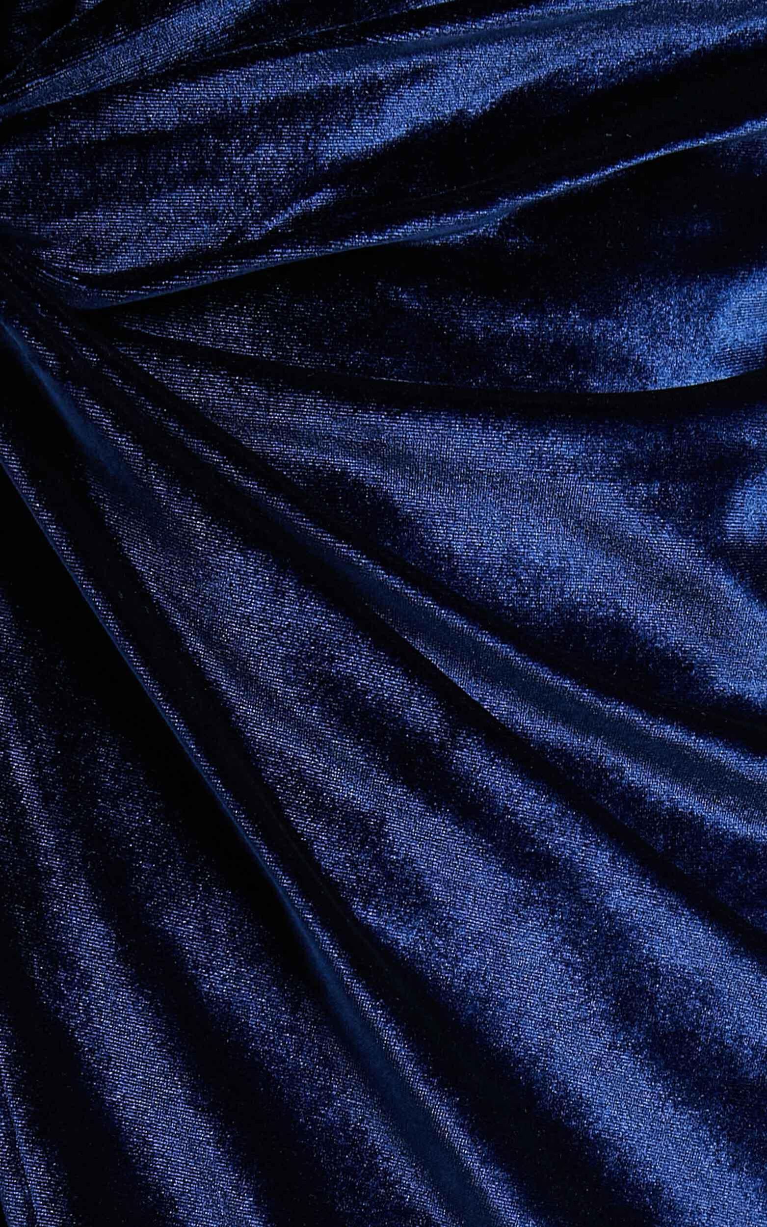 Loving Blind Midi Dress - Draped Thigh Split Dress in navy velvet | Showpo