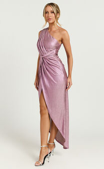 Davie Midi Dress - Metallic One Shoulder Front Wrap Dress in Soft Pink