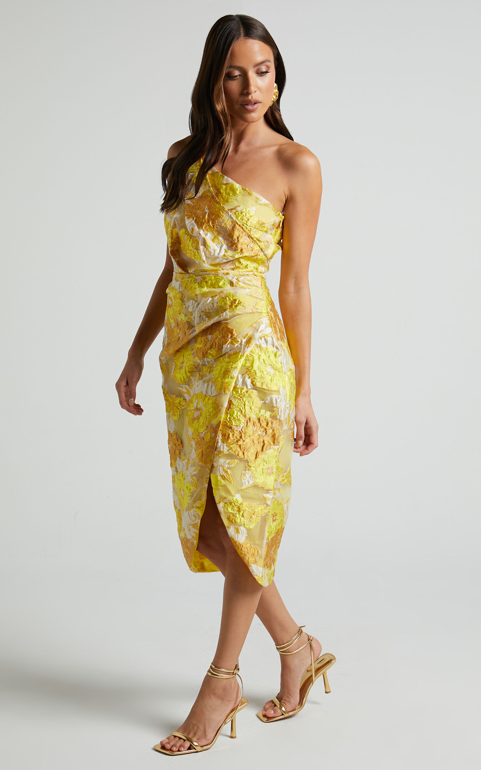 Brailey Midi Dress One Shoulder Wrap Dress in Yellow Floral