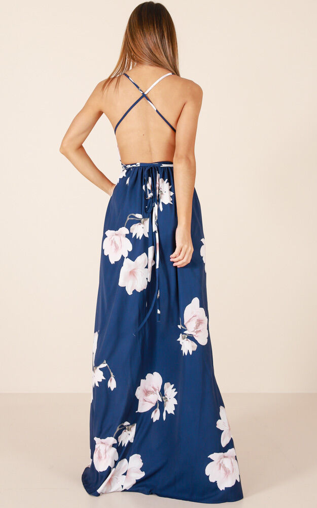 Shine through maxi dress in navy floral hotsell