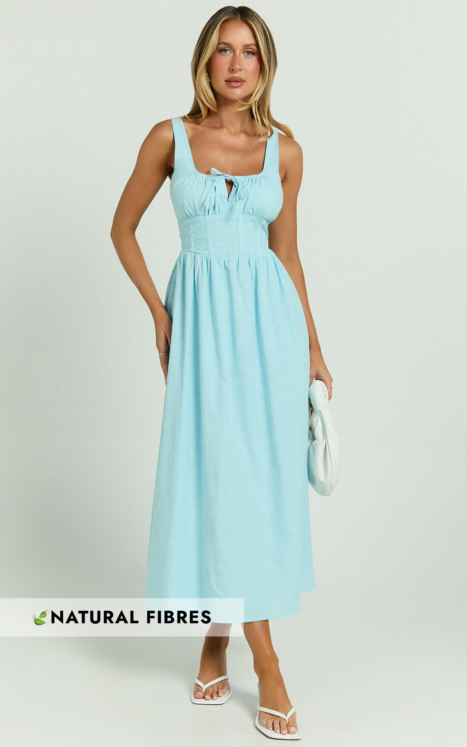 Haylee Midi Dress - Corset Waist Gathered Bust Dress in Blue - 06, BLU1
