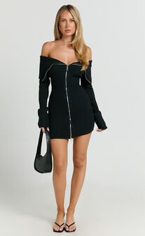 Madeline Mini Dress - Folded Off Shoulder Double Zip Hardware Front Knit Dress in Black
