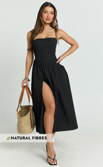 Myrtle Midi Dress - Straight Neck Curved Drop Waist Gathered Full Skirt Dress in Black