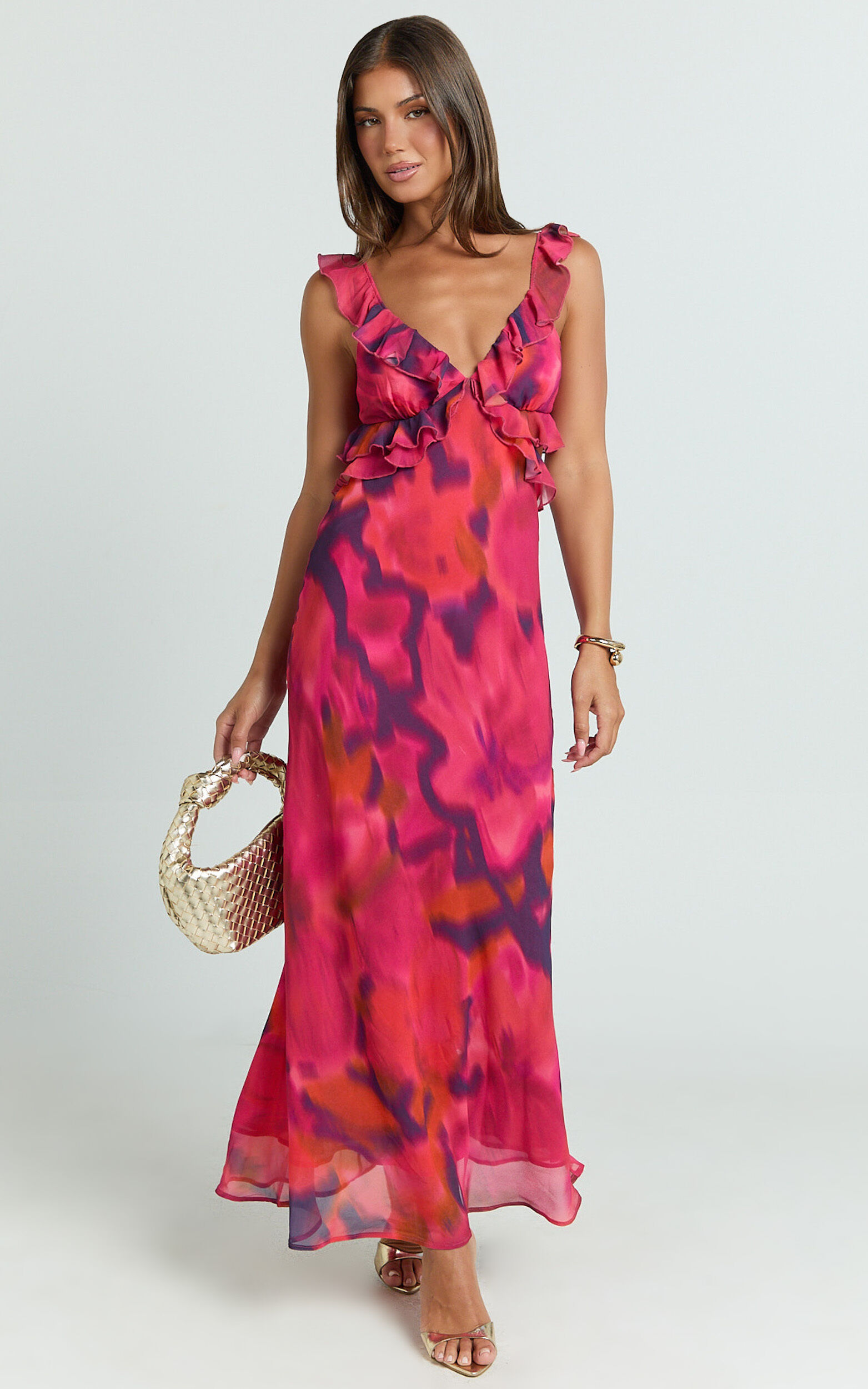 Alessa Maxi Dress - V Neck Frill Detail Empire Waist Back Cut Out Dress in Adeana Print - 06, RED1