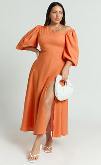 Rhyne Midi Dress - Asymmetric Puff Sleeve Side Cut Out A Line Dress in Papaya