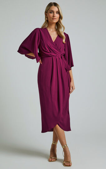 Meagan Midi Dress - V Neck Flutter Sleeve Pleated Detail Wrap in Aubergine