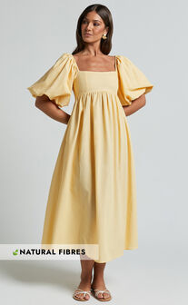Cenia Midi Dress - Linen Look Straight Neck Shirred Back Puff Sleeve Dress in Lemon