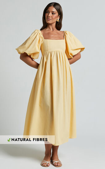 Cenia Midi Dress - Linen Look Straight Neck Shirred Back Puff Sleeve Dress in Lemon Showpo