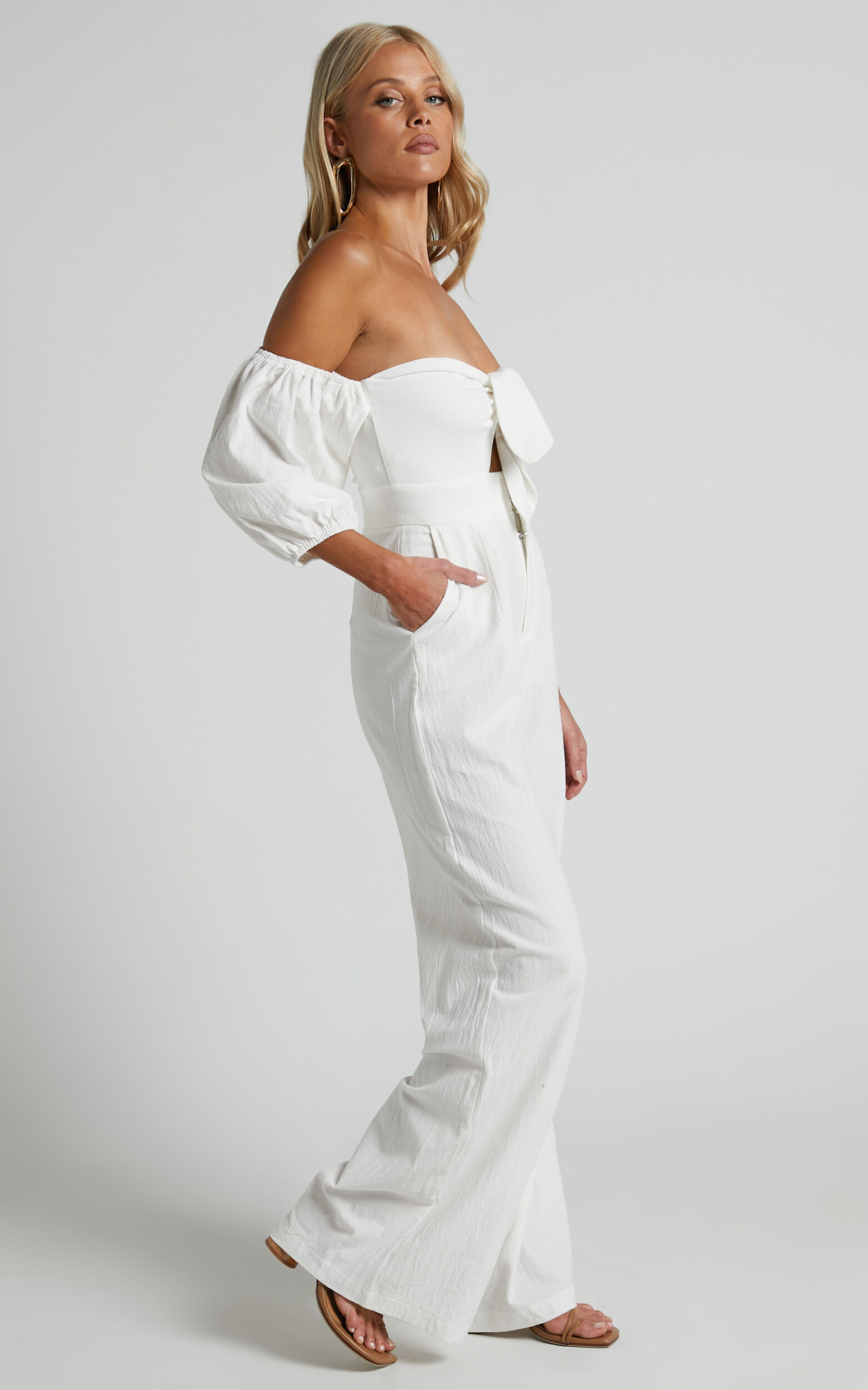 Maja Jumpsuit Front Tie Off Shoulder Jumpsuit in Off White Showpo USA