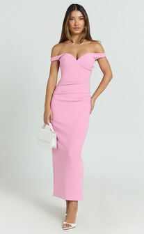Vinnie Midi Dress - Off Shoulder Bustier Side Tuck Fitted Dress in Pink