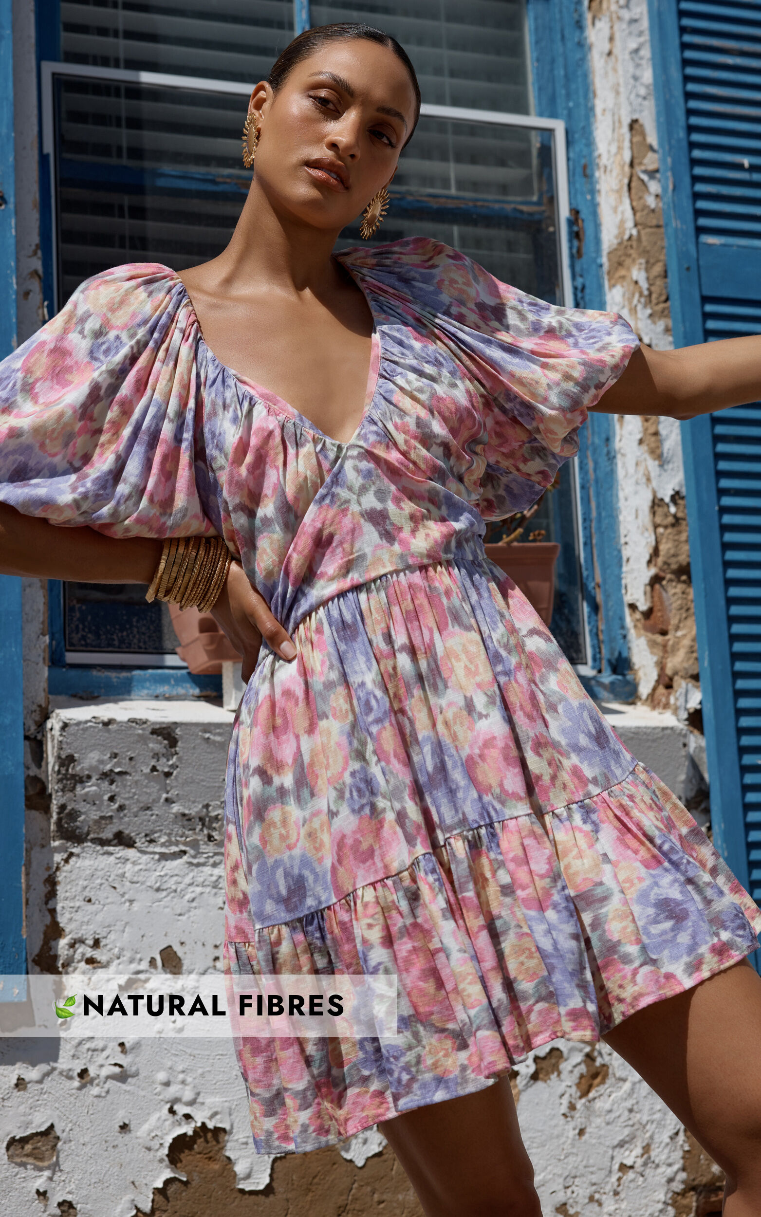 Amalie The Label - Tallulah Linen Blend V Neck Puff Sleeve Mini Dress in Aurora Print - 06, PRP1