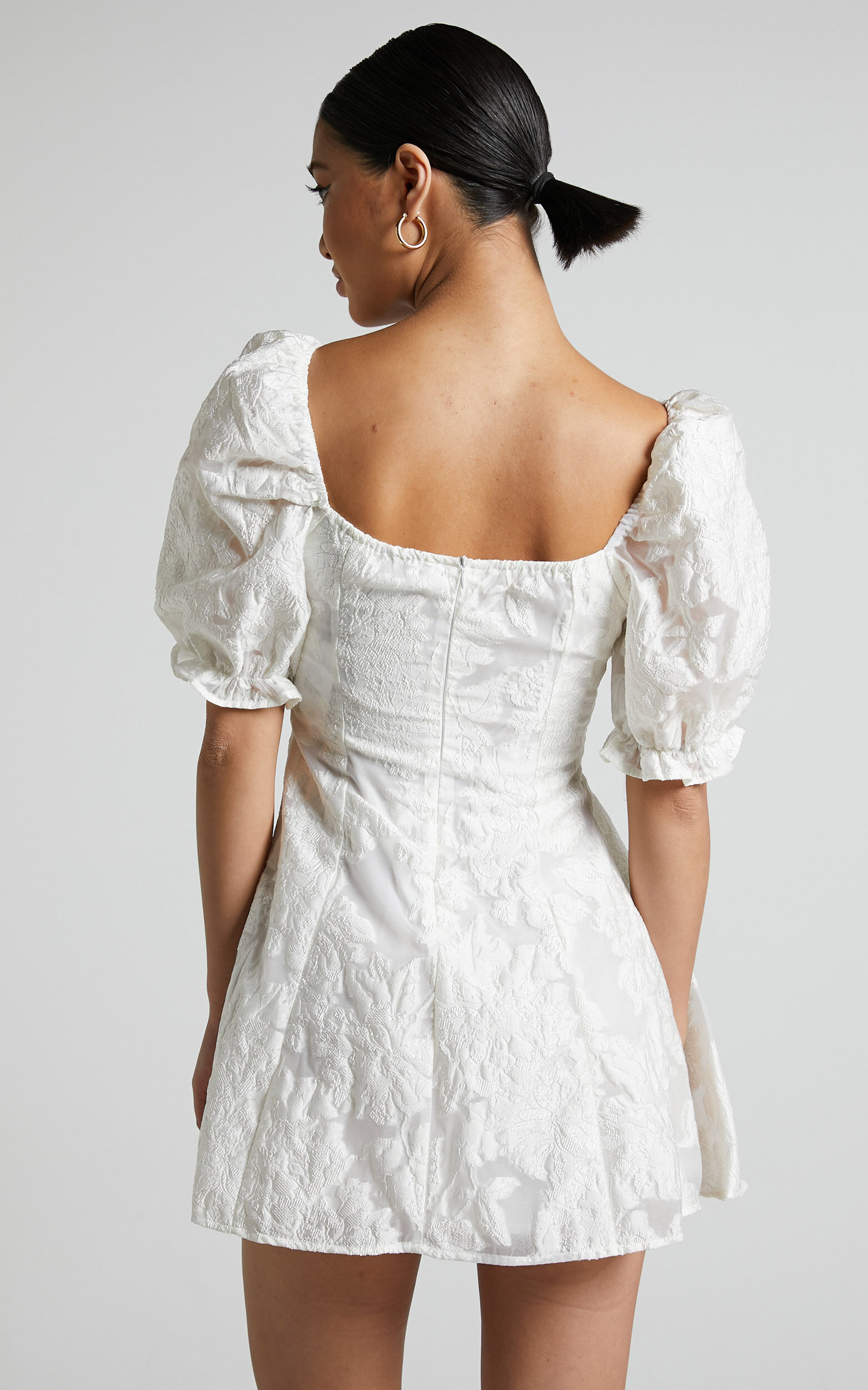 Brailey Mini Dress Puff Sleeve Fit and Flare Dress in White