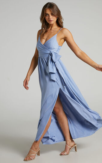 Revolve Around Me Midi Dress - V Neck Wrap Dress in Cornflower Blue