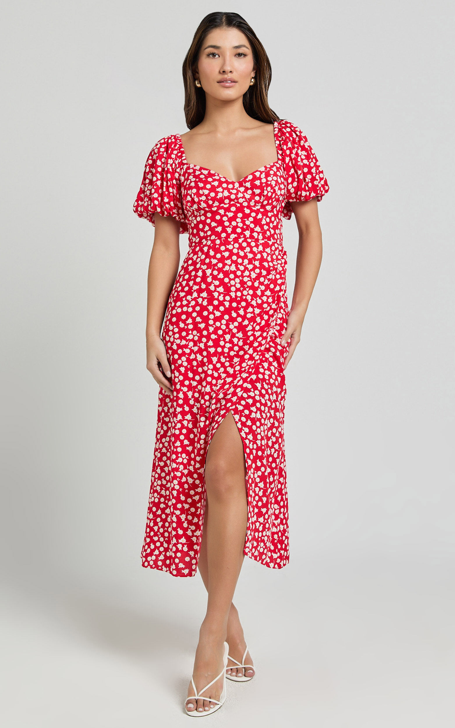 Red floral midi dress with sleeves online