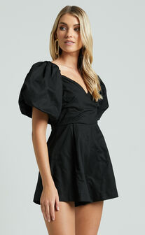 Amalie The Label - Palais Linen Blend Off Shoulder Puff Sleeve Sweetheart Neck Playsuit in Black