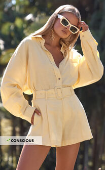 Seraphine Shorts - Linen High Waisted Belted Shorts in Lemon