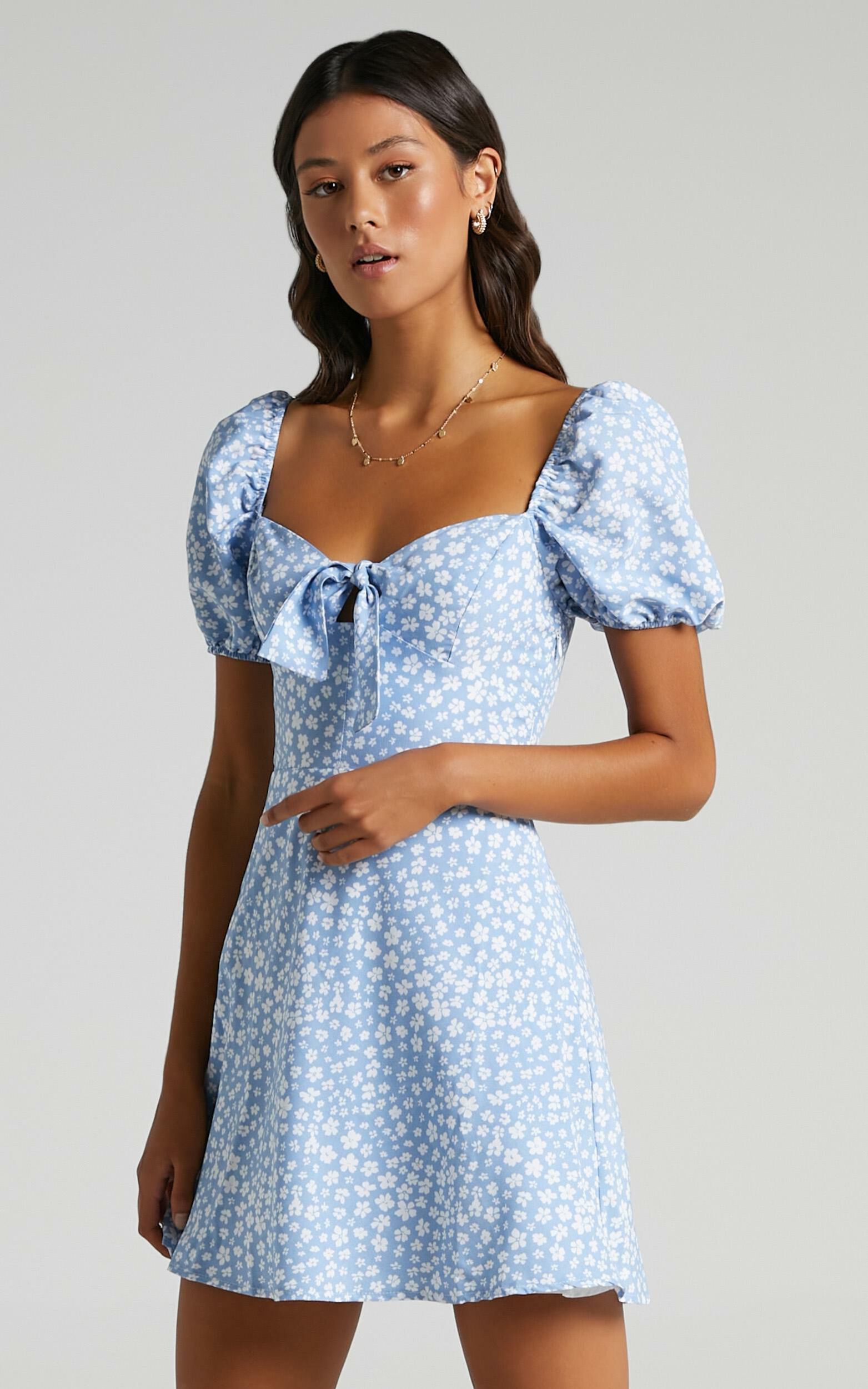 Macy A-Line Mini Dress in Blue Print | Showpo