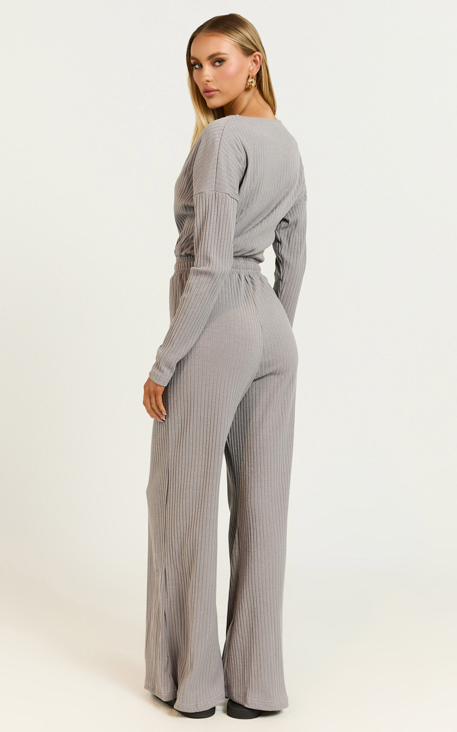 Camille Jumpsuit Ribbed Jersey Long Sleeve Wide Leg Jumpsuit in Slate Grey