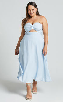 Avie Midi Dress - Twist Strapless Cocktail Dress in Ice Blue