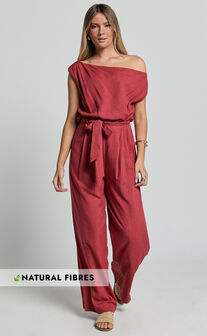 Adria Jumpsuit - Asymmetrical Short Sleeve Linen Look Jumpsuit in Clay