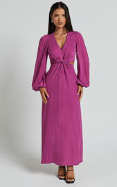Harriet Midi Dress - Blouson Sleeve Cut Out Dress in Mulberry | Showpo
