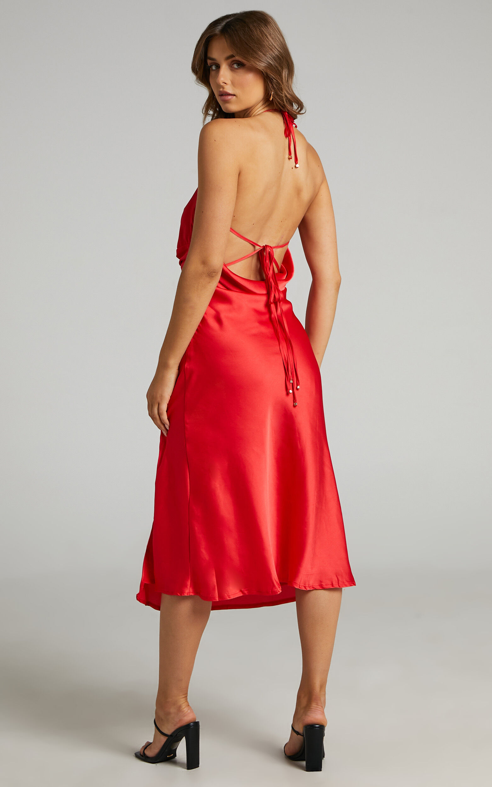 Florentina Midi Dress - Twist Front Open Tie Back Dress in Red | Showpo USA