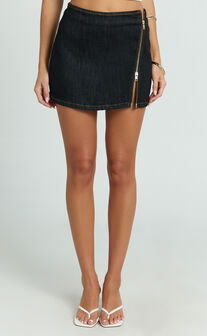 Jenny Mini Skirt - Side Zip Split Denim Skirt in Black Wash