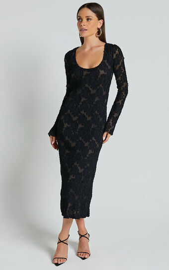 Kathy Midi Dress - Scoop Neck Long Sleeve Jacquard Textured Dress in Black