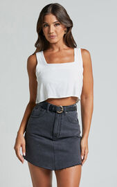 Adan Mini Skirt - Recycled Cotton Frayed Hem Denim Skirt in Black | Showpo