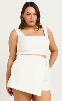 Polina Two Piece Set - Linen Square Neck Crop Top and Tie Waist Skort Set in White