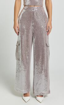 Tricia Pants - Mid Waist Cargo Pocket Sequin Pants in Grey