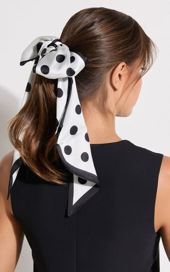 Rogan Scarf - Satin Tie Up Printed Scarf in White Polka Dot