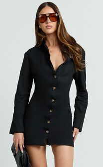 Lizzie Mini Dress - Long Sleeve Button Front Shirt Dress in Black