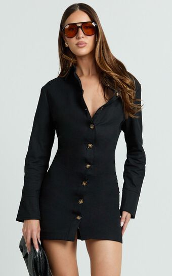 Lizzie Mini Dress - Long Sleeve Button Front Shirt Dress in Black