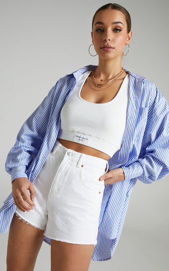 Pippa Button Up Collared Longline Blouse in Blue Stripe