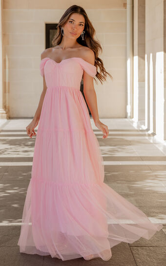 Ontario Maxi Dress - Off Shoulder Corset Bodice Tulle Dress in Ballet Pink