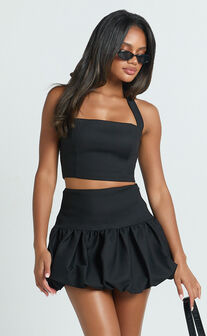 Abellina Mini Skirt - High Waist Bubble Hem Skirt in Black