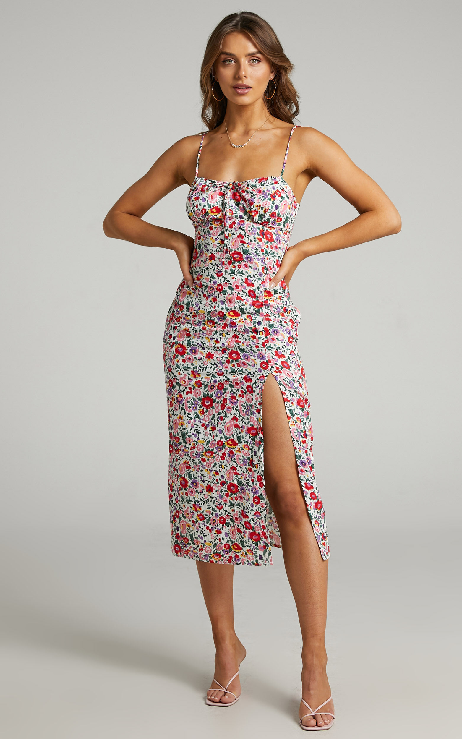 Misty Tie Up Front Midi Dress in White Floral
