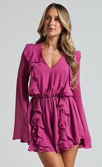 Zella Playsuit - Plunge Ruffle Detail Long Sleeve in Grape