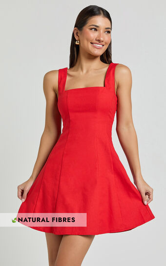 Adiana Mini Dress - Linen Look Square Neck Shirred Back A Line Dress in Red